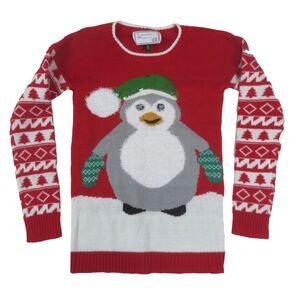 Derek Heart Penguin Ugly Christmas Sweater Womens Medium Red Sequins Long Sleeve